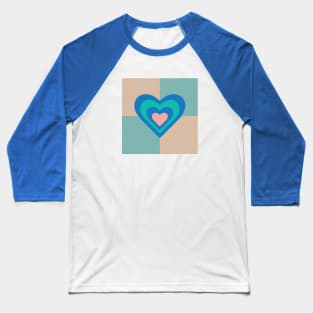 LOVE HEARTS CHECKERBOARD Retro Alt Valentines in Royal Blue Turquoise Pink on Beige Aqua Geometric Grid - UnBlink Studio by Jackie Tahara Baseball T-Shirt
